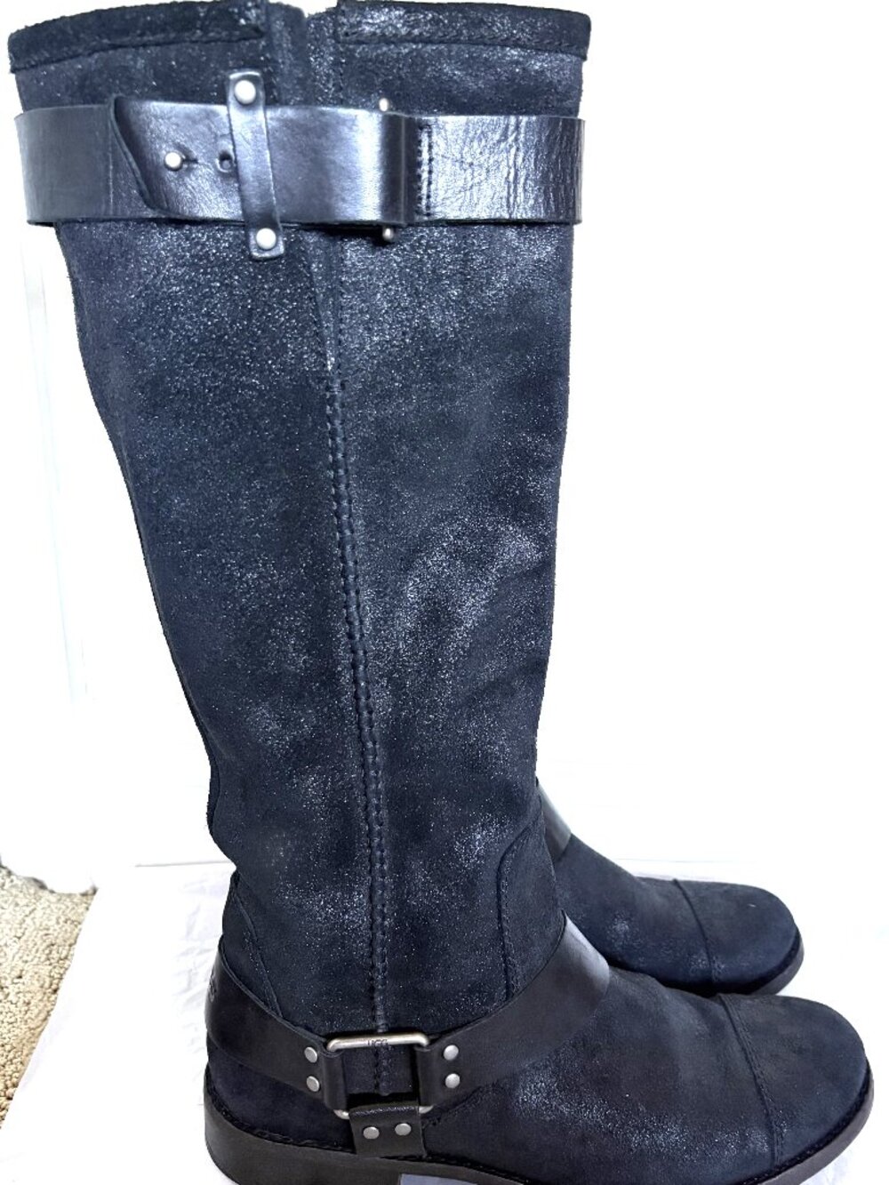 UGG BLACK SPARKLY SUEDE LEATHER STRAPS RIDING KNEE BOOTS SIZE: 10